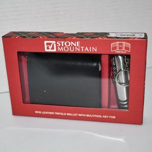 Stone Mountain RFID Black Leather Trifold Wallet w Multi Tool Key Fob #S…
